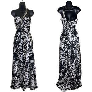 Vtg DEB Black Whiteโ Abstract Butterfly Satin Prom Dress One Shoulder Y2K 9/10